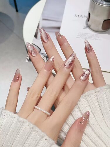 Nude Floral Almond Press On Nails