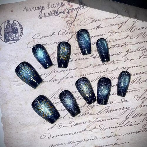 Dark Blue Cat‑Eye Firework Handmade Press On Nails