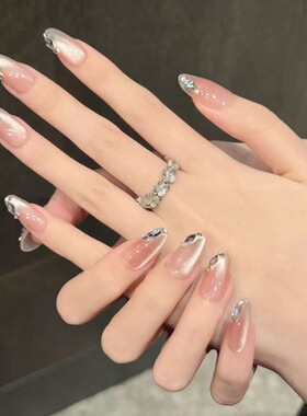 Gentle Nude Pink Silver Cat Eye French Bling False Nails