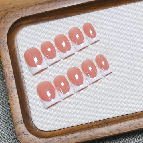 Nude Peach White French Simple Handmade Press On Nails