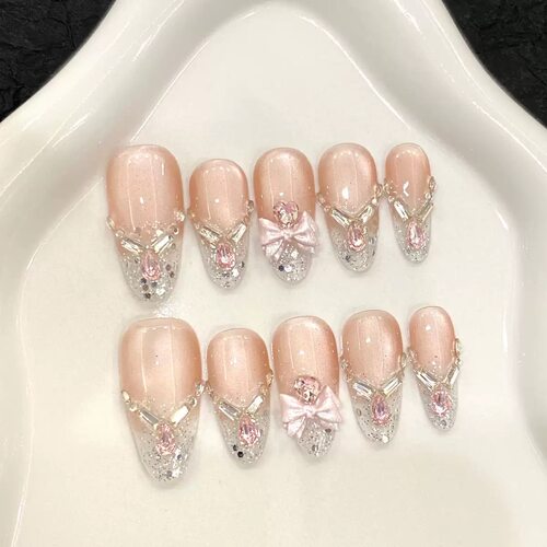 Pink Bow Rhinestone Almond Press On Nails