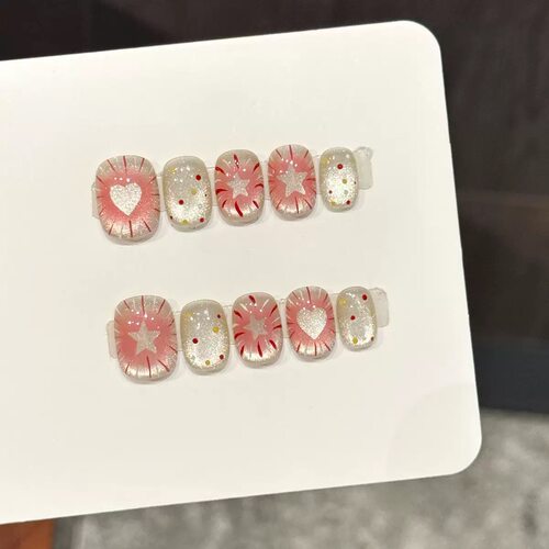 Pink Blush Star Heart Short Square Cat Eye Press On Nails