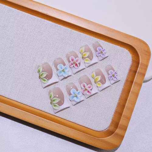 White French Tip 3D Color Flower Coffin Press On Nails