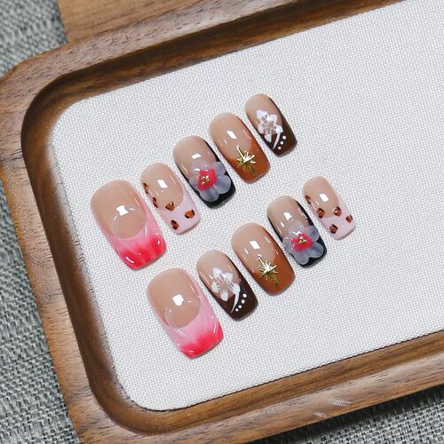 Leopard Print 3D Flower Star Long Coffin Press On Nails