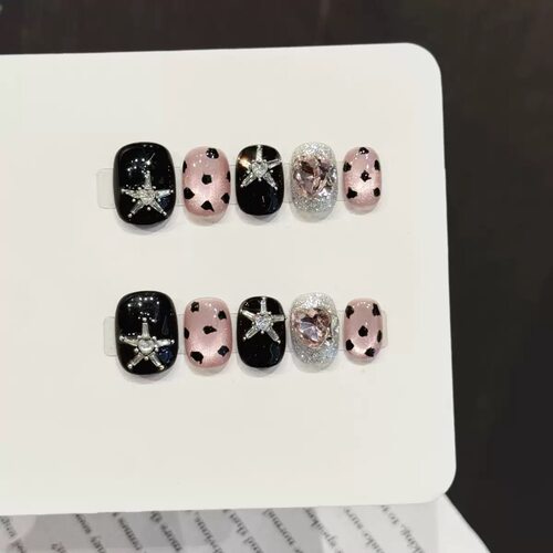Y2K Star Crystal Short Round False Nails