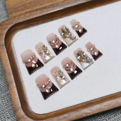 Wine Red Butterfly Rhinestone Coffin Press On Nails