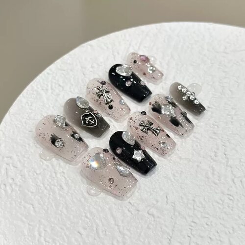 Gothic Cross Silver Charm Press On Nails