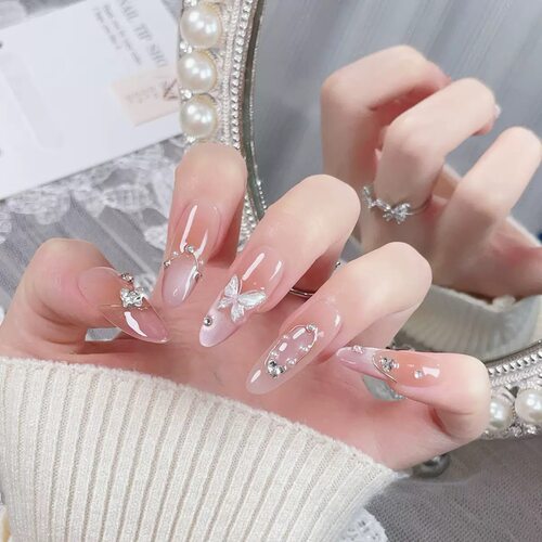 3D Butterfly Pearl Rhinestone Almond Press On Nails