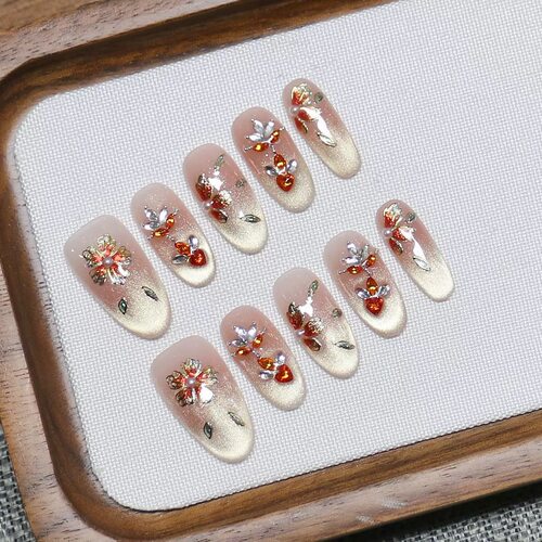 Gold Cat Eye 3D Flower Rhinestone Press On Nails