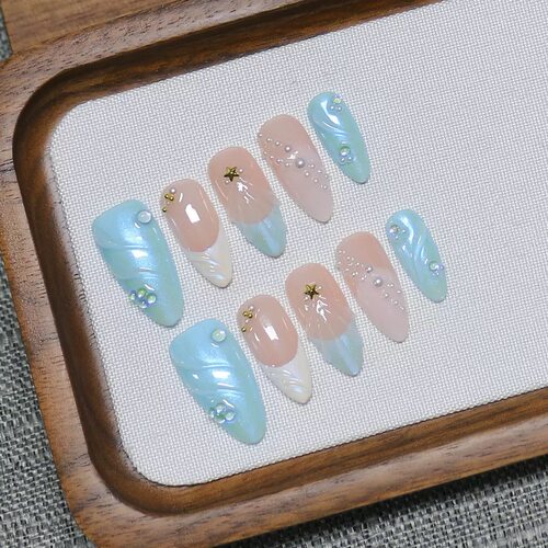Handmade Aqua Mermaid Scale False Nail Tips