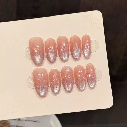 Peach Silver Gradient Cat Eye Press On Nails