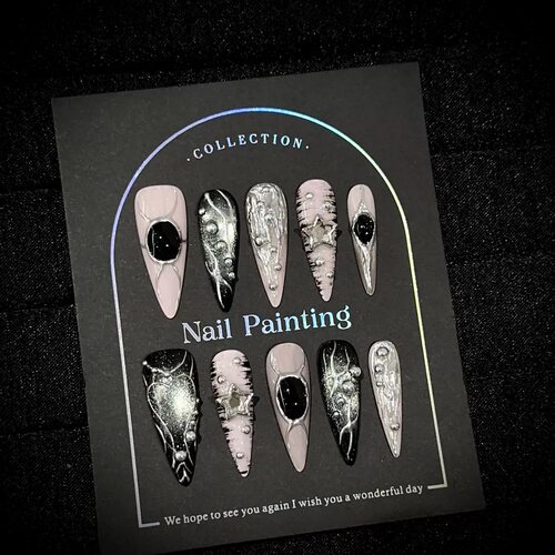 Black Pink Silver Metal Gothic Press On Nails