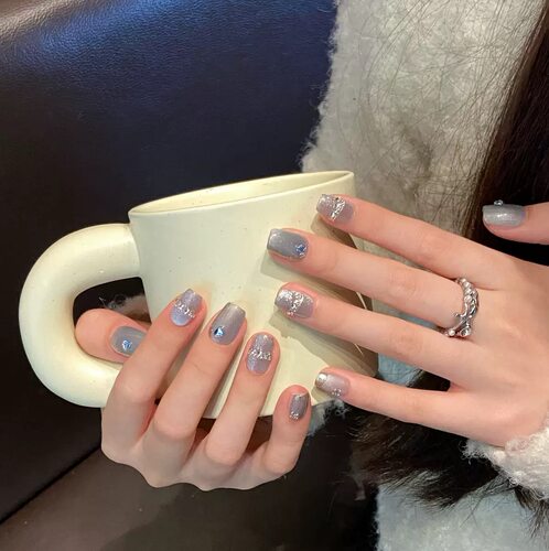 Grey Blue Cat Eye Silver Glitter Press On Nails