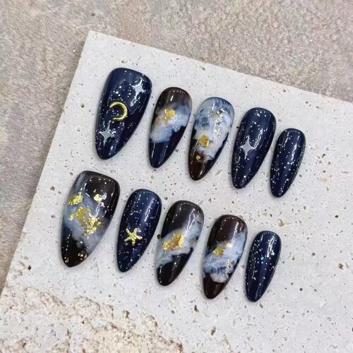 Midnight Blue Starry Sky Gold Foil Swirl False Nails