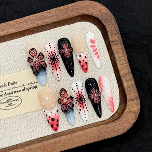 Pink Black Floral Ombre Long Press On Nails