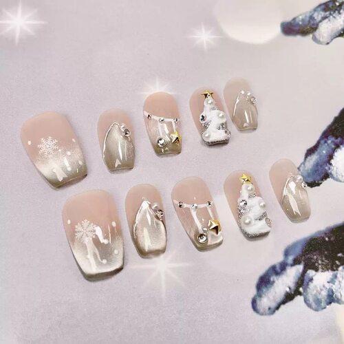 Winter Silver Cat Eye 3D Xmas Tree Rhinestone False Nails