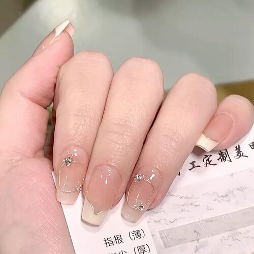 Nude French Tip Rhinestone Coffin Press On Nails