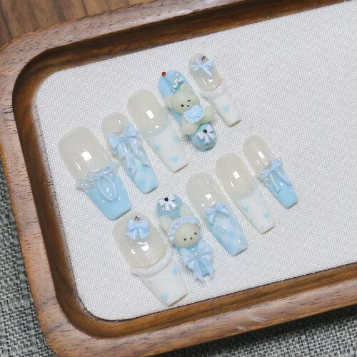 Blue Bear Bow Heart Long Coffin Press On Nails