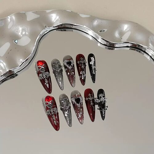 Red Black Gothic Skull Metal Press On Nails