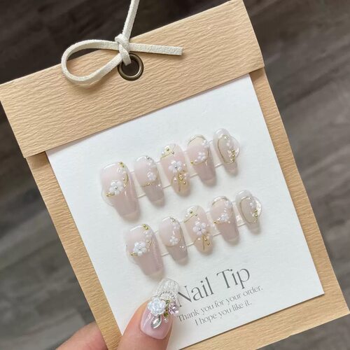Wedding Nude Pink 3D White Flower Gold Wire Press On Nails
