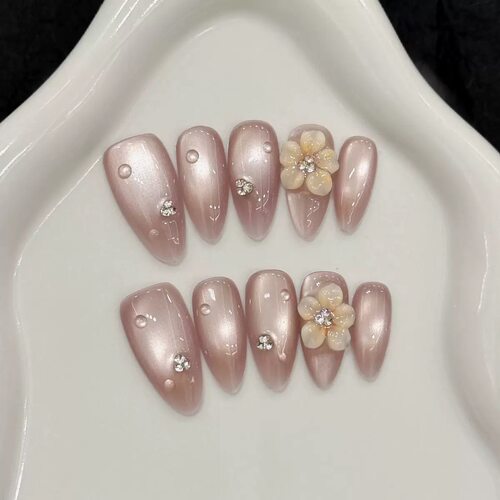 Gentle Pink Cat Eye 3D Flower Press On Nails