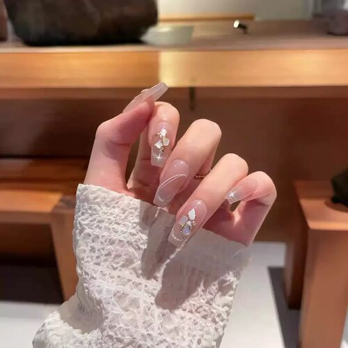 Nude Shell Fragment Gold Line Long Coffin Press On Nails