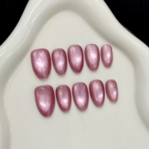 Pink Rose Cat Eye Short Almond Press On Nails