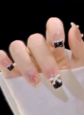 Black French Bow Pearl Rhinestone Press On Nails