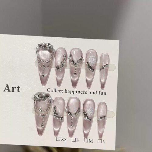 Pink Cat Eye Rose Chain Rhinestone Press On Nails