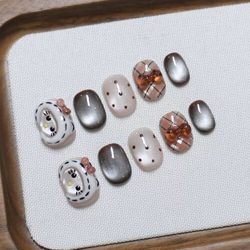 Cat Amber Bow Grid Cat Eye Short Round Press On Nails