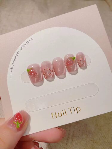 3D Strawberry Press On Nails Nude Oval False Nails