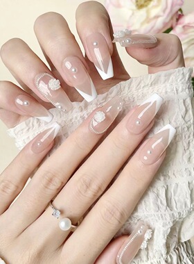 French Tip Camellia Pearl Handmade Press On Nails