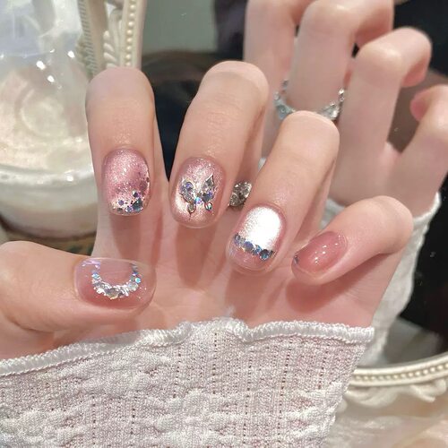 Pink Cat Eye Butterfly Glitter Short Round Press On Nails