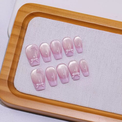 Pink Cat Eye French Bow Coffin Press On Nails