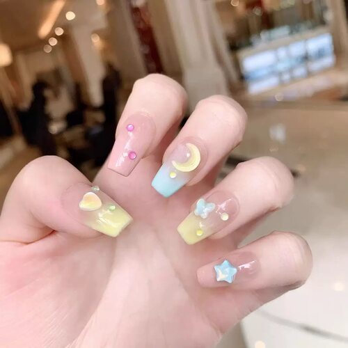Sheer Nude Base Crescent Star Beads Gentle Press On Nails