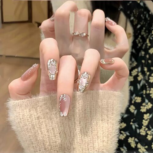 Delicate Nude Pink Silver Rhinestone Press On Nails