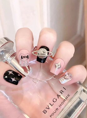 Planet Rhinestone Pink Black Square Press On Nails