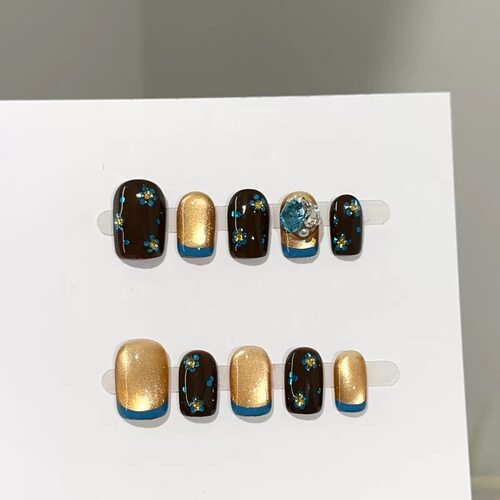 Dark Brown Gold Blue French Floral Rhinestone Press On Nails