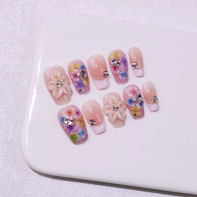 Pink Floral Ombre Press On Nails with Rhinestones