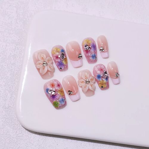 3D Flower Dried Flower Rhinestone Coffin Press On Nails