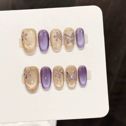 Vintage Nude Purple Cat Eye Floral Butterfly False Nails
