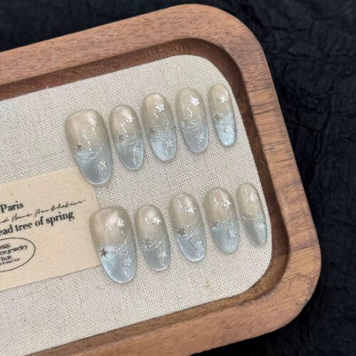 Fingernail Press On Nails Blue Star Cat Eye  Nails
