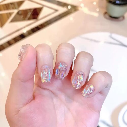 Clear Base Iridescent Pink Glitter Coffin Press On Nails