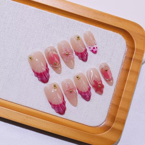 Summer Jelly Pink Floral Seashell False Nail Tips