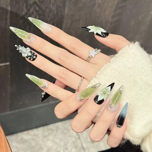 3D Flower Green Ombre Long Press On Nails