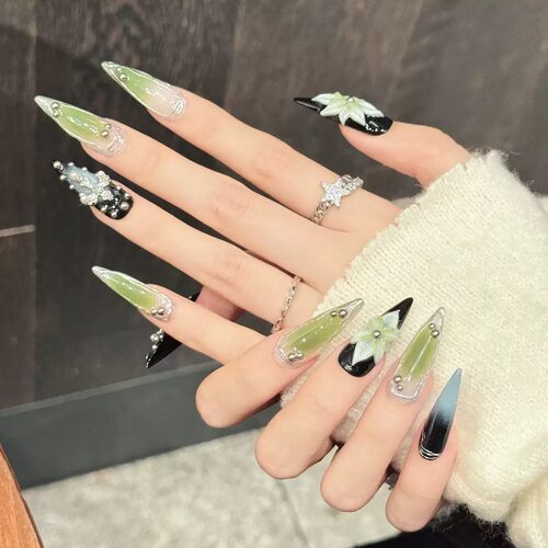 3D Flower Green Ombre Long Press On Nails