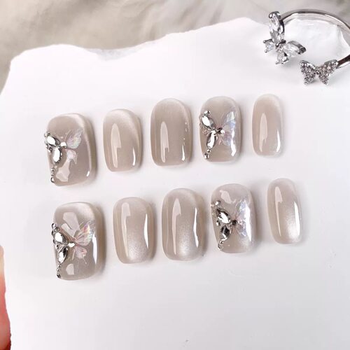 Nude Cat Eye Butterfly Short Square Press On Nails