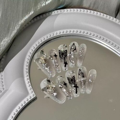 Clear Glitter Butterfly Cross Press On Nails