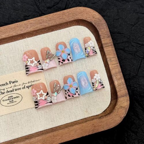 Pink‑Blue Y2K 3D Flower Press On Nails
