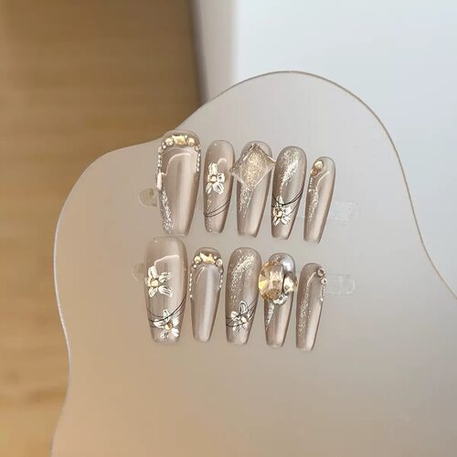 Khaki Gold Floral Rhinestone Press On Nails